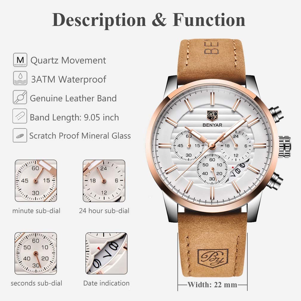 BENYAR Quartz Chronograph Waterproof White Dial Business and Sport Design Leather Band Strap Men’s Wrist Watch